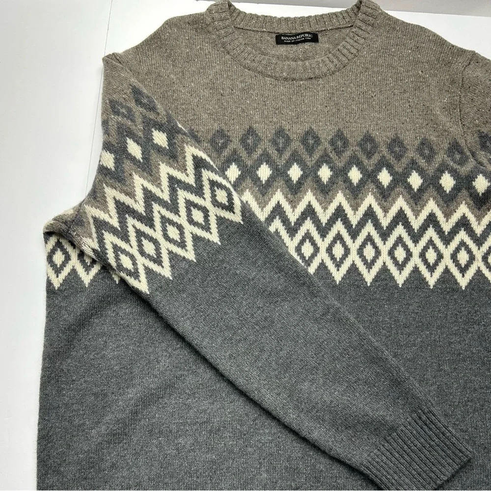 Banana Republic Gray/ Brown Crewneck Sweater Italian Yarn Wool Blend Fairisle
